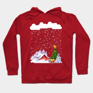 Cozy snow cabin mountain snow storm snowy Christmas tree Hoodie